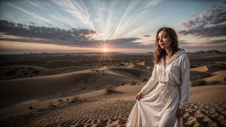 Photorealistic, high definition, desert sunrise, sand architecture, French female singer singing, Blonde, long curly hair, white hooded thin long dress, gentle breeze blowing, high res,  high detail, 