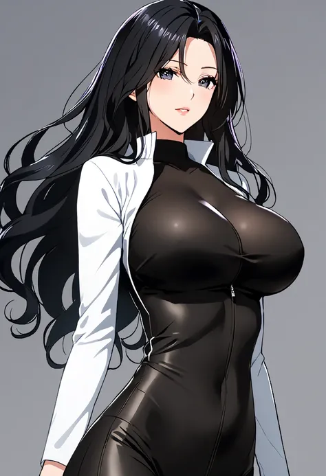 An attractive anime woman with large breasts and long black hair wears a tight outfit consisting of a white jacket cropped over a black jumpsuit.