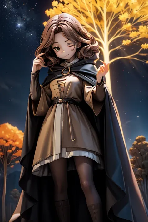 best quality, masterpiece, melina (elden ring),1 girl, solo, brown hair, curly hair, black cloak with hood,orange eyes,tunic,belt,boots,full body, ashes and sparks in the air, (closed left eyes:1.2),(Scar on left eyes:1.2), 8k, high resolution, ultra detai...