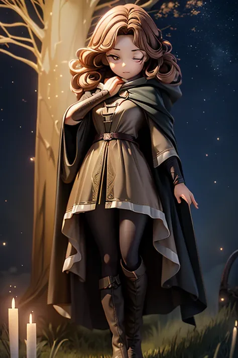 best quality, masterpiece, melina (elden ring),1 girl, solo, brown hair, curly hair, black cloak with hood,orange eyes,tunic,belt,boots,full body, ashes and sparks in the air, (closed left eyes:1.2),(Scar on left eyes:1.2), 8k, high resolution, ultra detai...