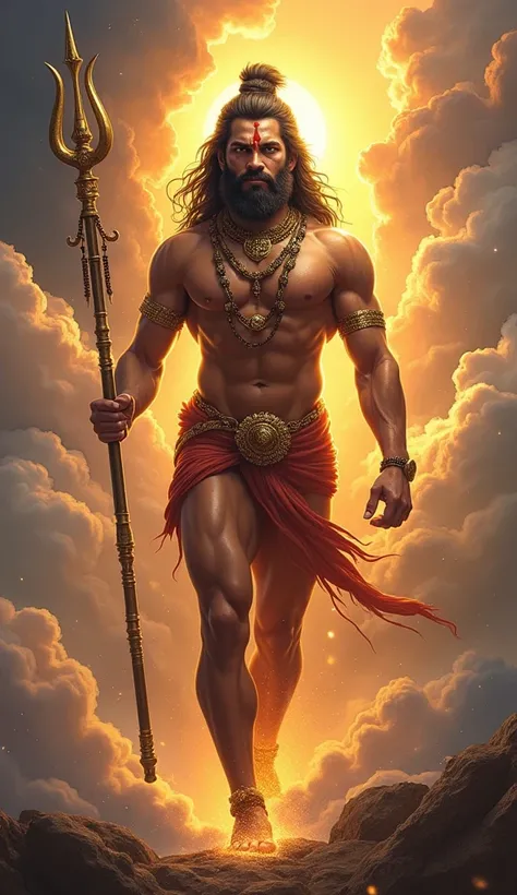 "A hyper-realistic, awe-inspiring portrait of Lord Hanuman in a divine pose. He is shown with a radiant golden aura, glowing eyes filled with determination and devotion, and intricate details in his muscular form and ornaments. Hanuman is holding a shining...