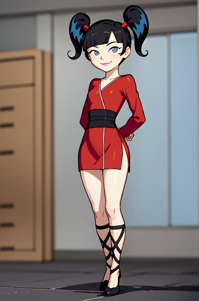 kimiko, 1girl, black hair, twintails, solo, blue eyes, minidress, red minidress, long sleeves, smile, beautiful body,standing, looking at viewer,  arms behind back,   