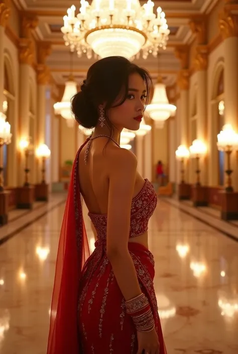 In a grand, opulent ballroom illuminated by brilliant crystal chandeliers, a breathtaking Thai woman facing the camera captivates the attention of all around her. She wears Indian sali outfit, a lavish ruby-red gown with intricate gold lace details that sh...