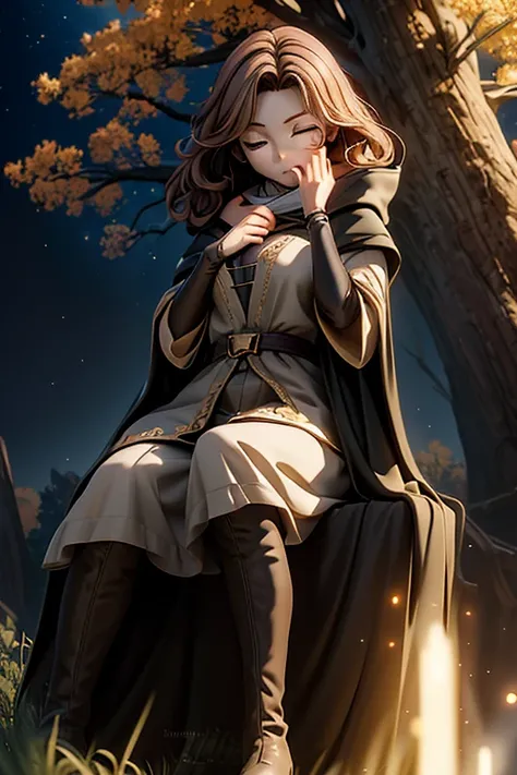 best quality, masterpiece, melina (elden ring),1 girl, solo, brown hair, curly hair, black cloak with hood,orange eyes,tunic,belt,boots,full body, ashes and sparks in the air, (closed left eyes:1.2),(Scar on left eyes:1.2), 8k, high resolution, ultra detai...