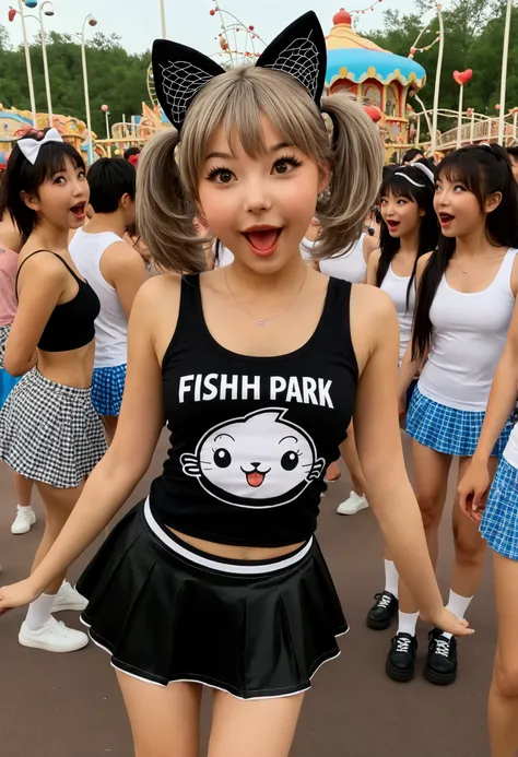 Overly enthusiastic cat girl (cute age 22, tank top, mini skirt, fish nets, adorable hairdo), she is acting incredibly adorable enthusiastically flirting with viewer, crowded theme park