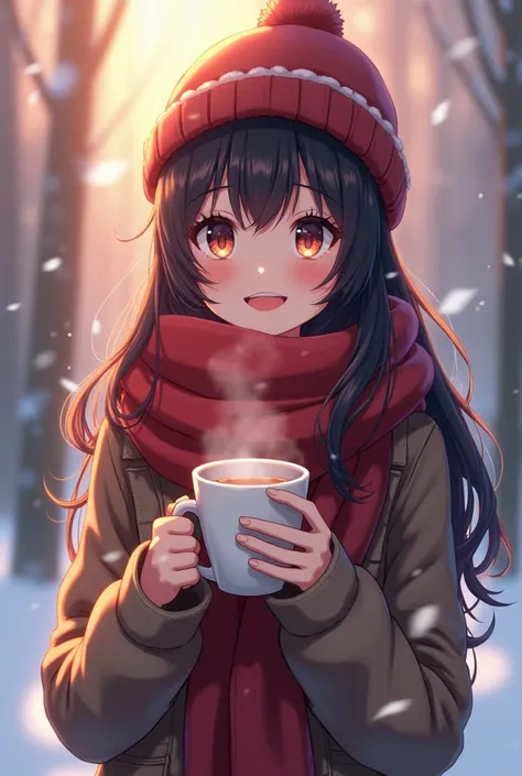 A beautiful woman with mesmerizing eyes:1.3, radiant smile, long flowing hair, wearing a cozy scarf and hat, standing:1.4, holding a steaming cup of cocoa, snowy forest background, snowflakes gently falling, warm lighting, cinematic atmosphere, ultra-detai...