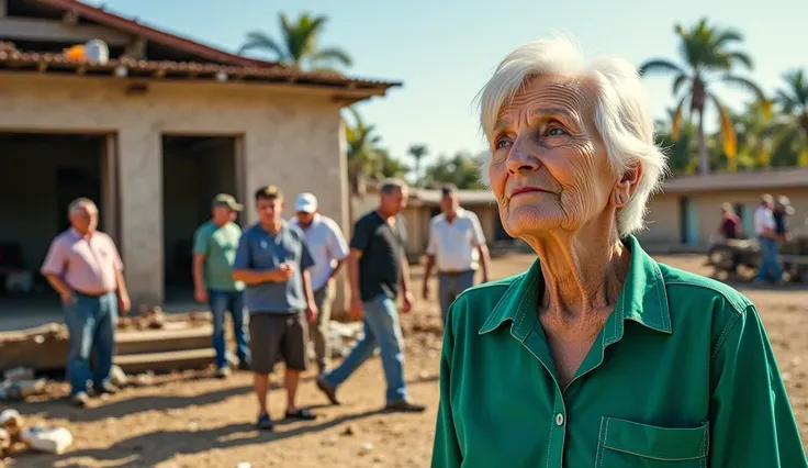 A montage-like scene shows Nora (an 86-year-old woman with short white hair and a green shirt) rallying the community. Part of the image shows her comforting a frightened , another shows her planning with a group of veterans, and another shows her helping ...