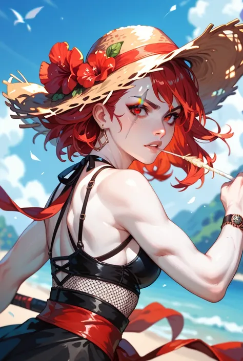 red hair red eyes white skin scar on the lip straw hat fighting 