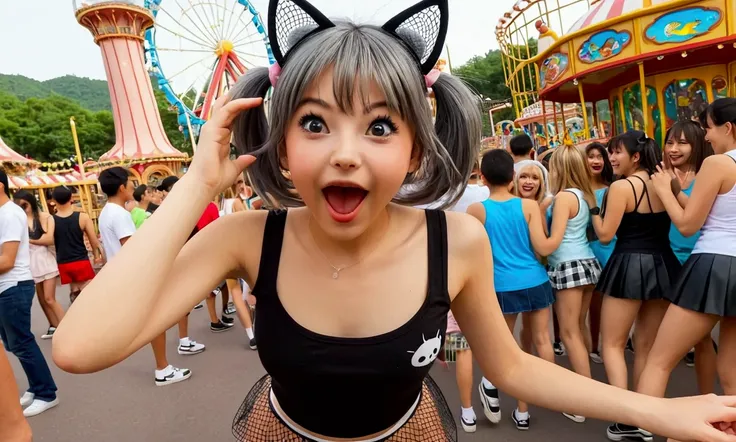 Overly enthusiastic cat girl (cute age 22, tank top, mini skirt, fish nets, adorable hairdo), she is acting incredibly adorable enthusiastically flirting with viewer, crowded theme park
