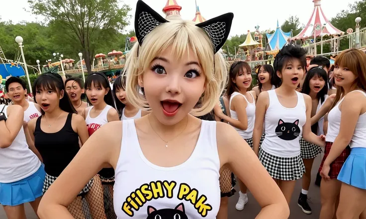 Overly enthusiastic cat girl (cute age 22, tank top, mini skirt, fish nets, adorable hairdo), she is acting incredibly adorable enthusiastically flirting with viewer, crowded theme park
