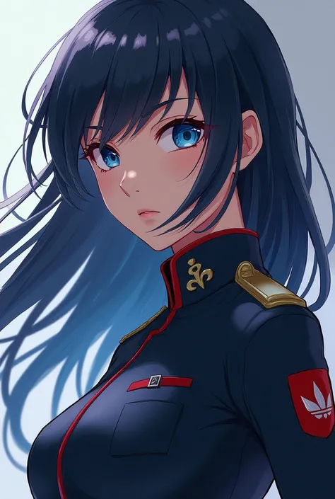 Make an anime picture of a soldier woman,rambut panjang rapi, proporsi tubuh ramping, blue eyes