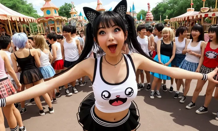 Overly enthusiastic cat girl (cute age 22, tank top, mini skirt, fish nets, adorable hairdo), she is acting incredibly adorable enthusiastically flirting with viewer, crowded theme park
