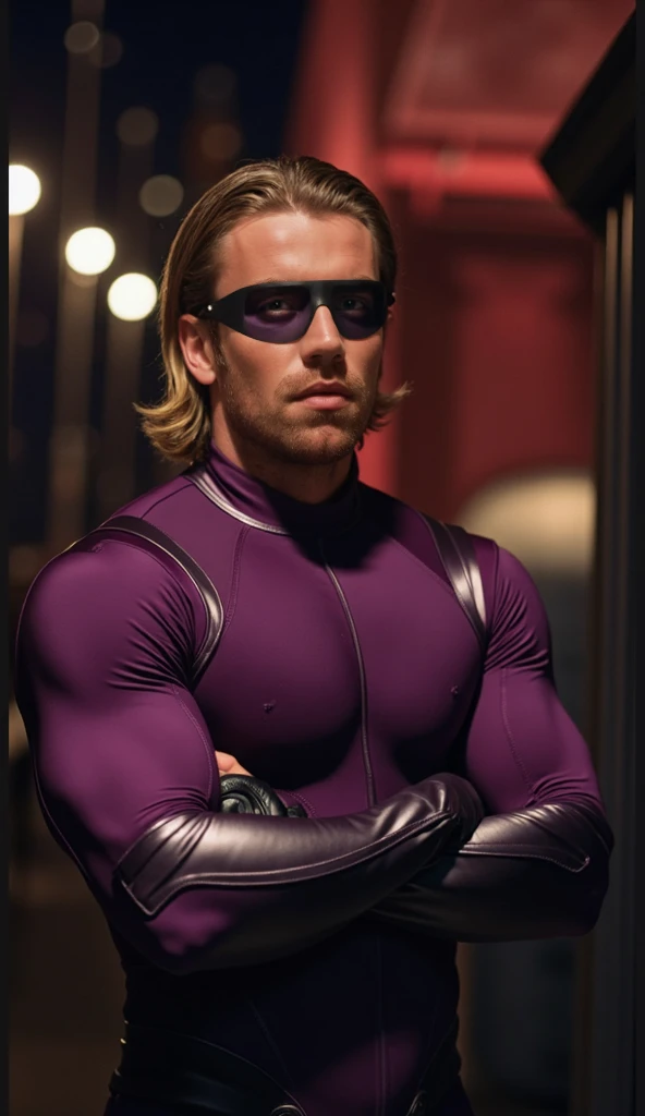 Leo Suter, a masked superhero in a dark and smoky elevator at night. Clad in a sleek, purple body-hugging lycra costume with a matte finish, his defined muscles and muscular arms are on full display. The costume features a purple collant that glides seamle...