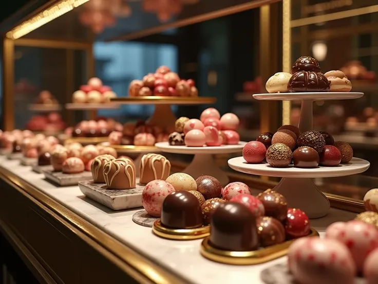 A realistic, high-resolution image of a luxurious display of artisan chocolates arranged inside a sleek glass showcase at an upscale boutique. The chocolates come in various exquisite designs, including heart-shaped creations, glossy domes, intricately mol...