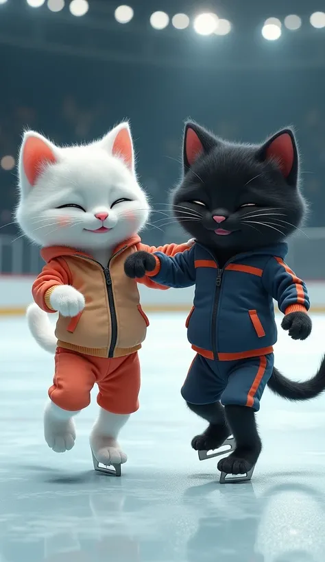 A white cat and a black cat are dressed in a tracksuit. They are out on the ice at the sports arena. The two of them are dancing together.  The photo is rheolistic.