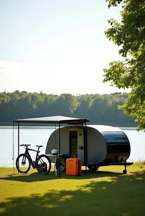 Here’s a detailed prompt to generate an image similar to the one provided:

"A scenic outdoor camping setup by a lake with a modern minimalist teardrop trailer in the foreground. The trailer features a sleek, futuristic design with a small door and side wi...