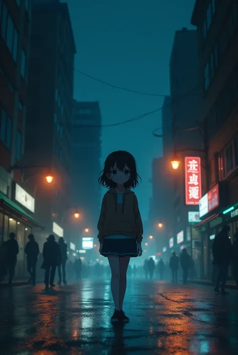 A anime girl walking on streets at night scared of outside world and people are scaring her