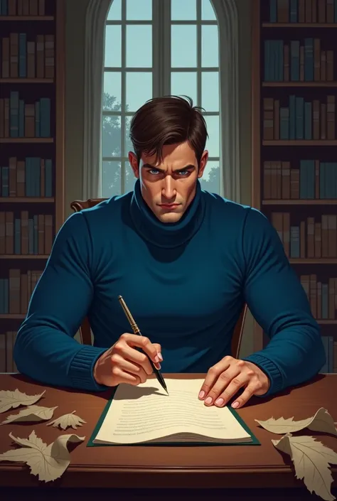 A handsome tall man, short chocolate colored hair, intense blue eyes, strong chin, outlined lips, intense look , He wears a blue turtleneck sweater he is sitting at a desk in the middle of a large library in dark and mahogany tones the windows are closed h...