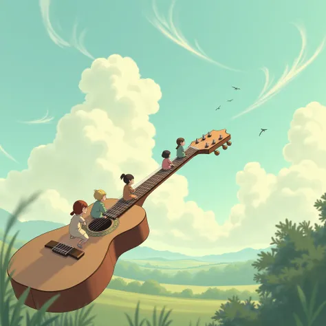 Magical realism scene, tiny people sitting on guitar strings like a bridge to the clouds, whimsical atmosphere, Studio Ghibli inspiration, detailed illustration style, soft lighting