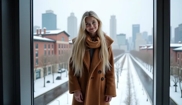  High quality. A real girl with 18 years old with beyond floor length blonde hair and see her "whole" body standing on the right of floor to ceiling window, must see her whole body. The scenario of window shows winter city in modern city. This graph MUST s...