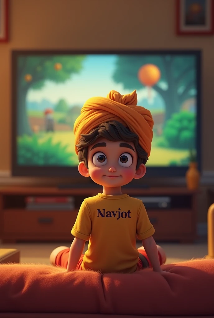 Make a turban boy he watch tv and written Navjot his t shirt in back
