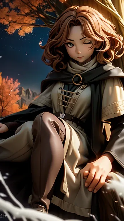 best quality, masterpiece, melina (elden ring),1 girl, solo, brown hair, curly hair, black cloak with hood,orange eyes,tunic,belt,boots,full body, ashes and sparks in the air, (closed left eyes:1.2),(Scar on left eyes:1.2), 8k, high resolution, ultra detai...