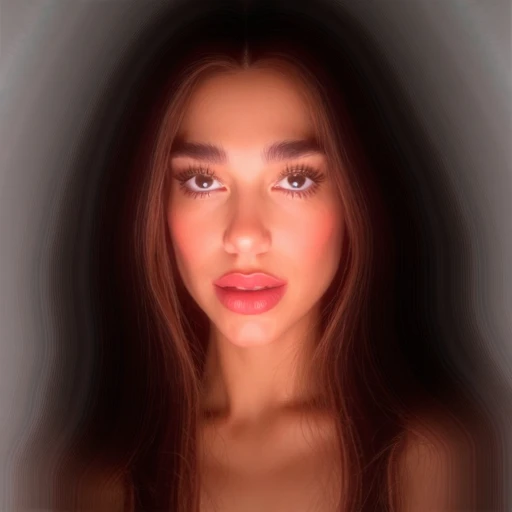 and a hint of pink lipstick on her full lips., and a strong jawline. Her dark, Dua Lipa. The image is a high-resolution photograph of a woman with striking features. She has a light to medium skin tone and striking, dark eyeliner and mascara, white teeth. ...