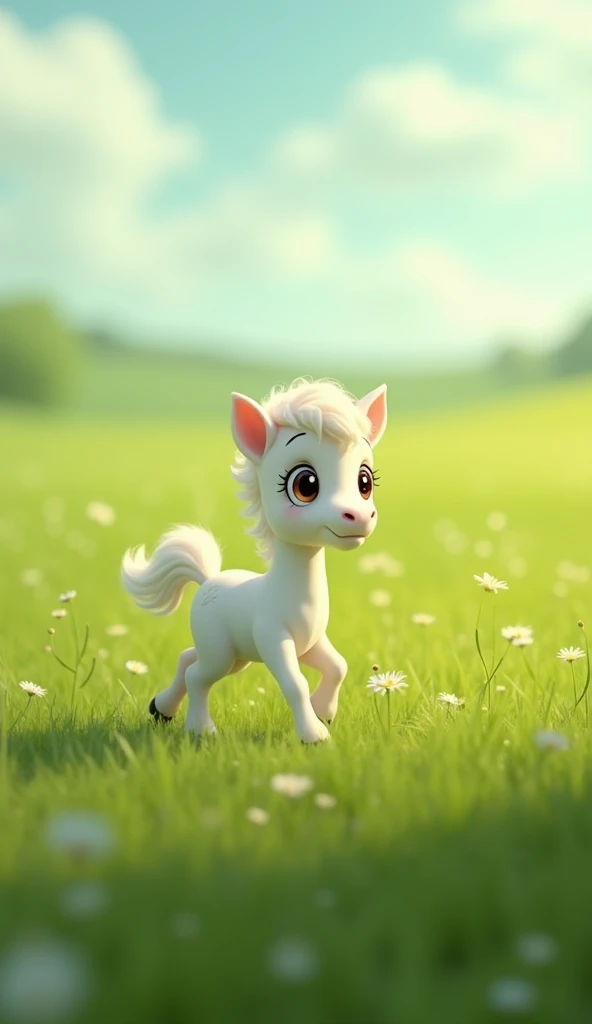 A 3D Disney-Pixar cartoonish style scene of the white fluffy colt wandering the vast, empty green field. The colt’s large eyes are filled with sadness, and its fluffy coat appears slightly unkempt. The vibrant meadow feels lonely and stretched, with muted ...