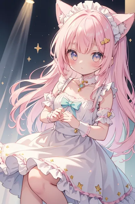  Highest Masterpieces,  top quality ,  Ultra Details, Beautiful shading,  cinematic lighting, (ox), studio lighting,  cute, Cute,  cute pastel colors,  on ears in pastel pink, Pastel Blue Iridescent Hair , hair with highlights,  Maid Dream Maid Wear Clothe...