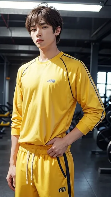 solo , 1man ,  American man Standing , yellow workout clothes , look at the viewer 