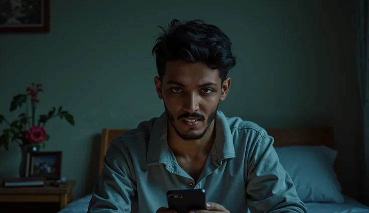 An Indian s boy / man looking to his phone sadly in his old room " Camera angle from front