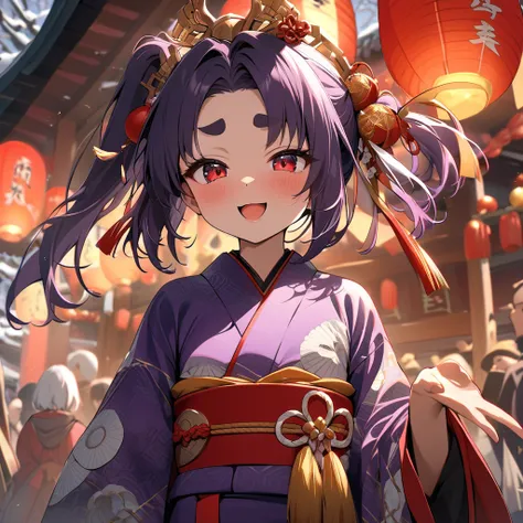 (master piece),(best quality),solo,A radiant and lively scene at a shrine during the New Year,14yo loli,dark skin slim body,small breasts,multicolored dark Purple hair,little right side ponytail ponytails,short hair with long locks,
for head,red eyes,thick...