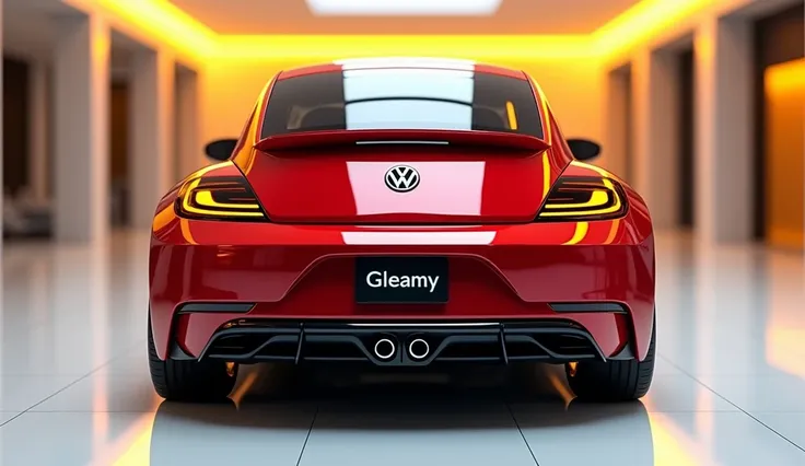 create an ultra-detailed 3D render  back side view , of a modern 2025 Volkswagen Beetle with a bold design captured from straight Back view. The car back side should feature a Gleamy  red   color with a Volkswagen    logo on its back, a large white detaile...