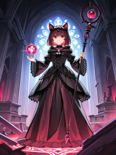 A gothic cat-eared witch with deep red eyes and a black lace gown stands in the ruins of an ancient cathedral. Her cat ears are adorned with glowing runes, and she holds a staff with a crystal orb, radiating dark energy. In the background, cat spirits move...