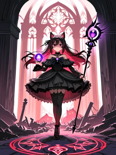 A gothic cat-eared witch with deep red eyes and a black lace gown stands in the ruins of an ancient cathedral. Her cat ears are adorned with glowing runes, and she holds a staff with a crystal orb, radiating dark energy. In the background, cat spirits move...