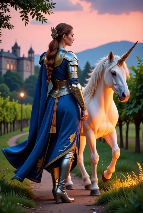 A 3D ultra-realistic scene in 8K resolution featuring a mesmerizing 3rd-century French warrior mage, walking with poise and grace. Her attire combines ornate silver armor with accents of deep blue and gold, inspired by the Fleur-de-lis motif of ancient Fra...