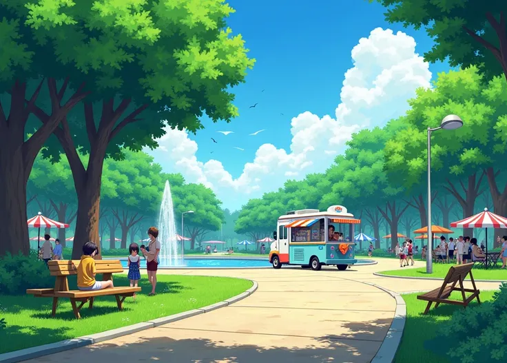 Public park with an ice cream truck parked far away. How to draw anime