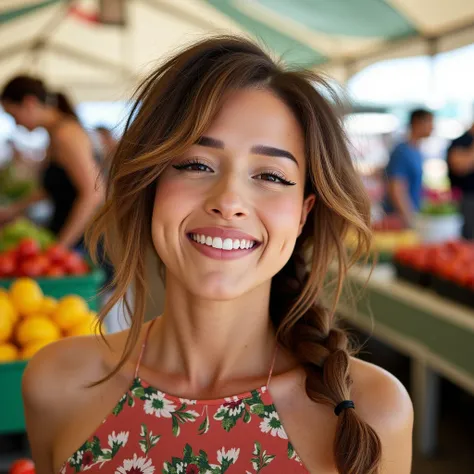 A woman in a bustling farmers market, radiating enthusiasm for sustainable living. Her shoulder-length hair is styled in a messy French braid with wispy strands framing her face. Shes wearing a high-necked, floral print blouse and light, natural makeup. Th...