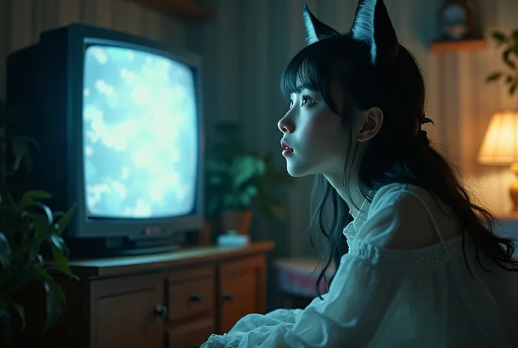 cat-eared young woman, young woman with cat ears in front of the television show, cat is becoming to a young woman scene in television show.