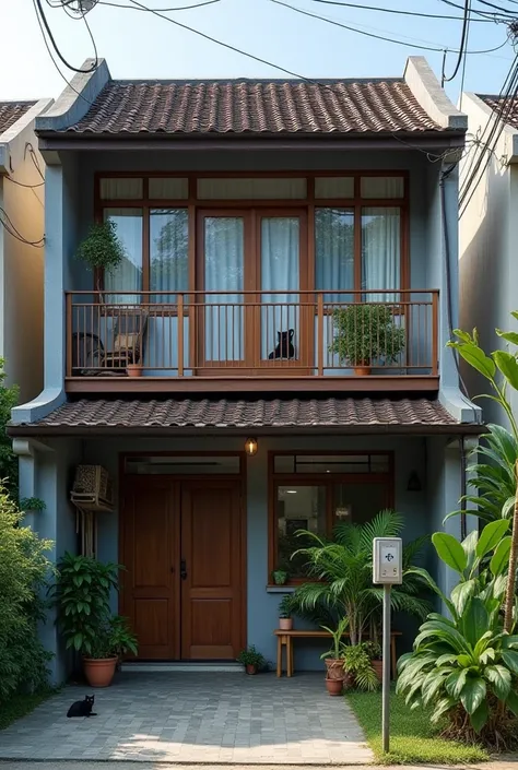 city,  in Canggu neighborhood , Tiny House ,  A house with about 3 floors , , but ,  has street lights in front of the house ,  there are no trees , The weather is clear , , several small plants in the yard of the house {x} A small black cat is sleeping on...