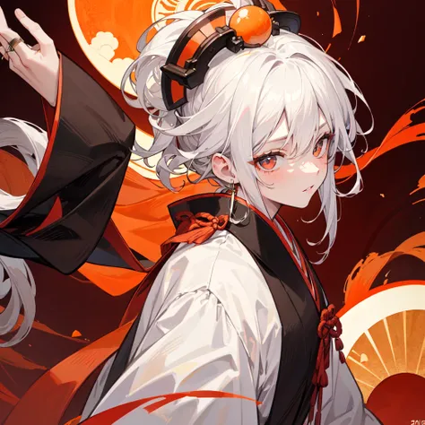 Masterpiece, high quality, beautiful eye, beautiful lip, white hair, man in his 20s, beautiful background, ring on top of the head, day time, shine from the back, orange and red colored background, huge sun at the back, red and black colored korean traditi...