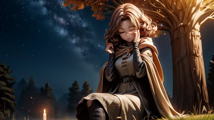 best quality, masterpiece, melina (elden ring),1 girl, solo, brown hair, curly hair, black cloak with hood,orange eyes,tunic,belt,boots,full body, ashes and sparks in the air, (closed left eyes:1.2),(Scar on left eyes:1.2), 8k, high resolution, ultra detai...