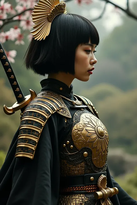 Photography, Eve, the Cybernetics samurai Empress of japan, pure beauty, slender voluptuous body,brave and the bold, black short hair, intricate detail Cyber complex White Lotus And golden futuristic samurai armor, epic sensual pose,in the castle of god, c...