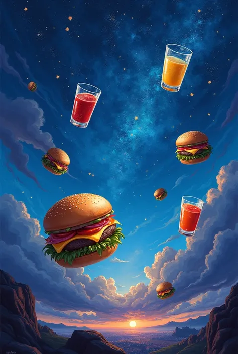  An image in the style of a starry night considering hamburgers and juices as a theme, using the colors orange and light blue .