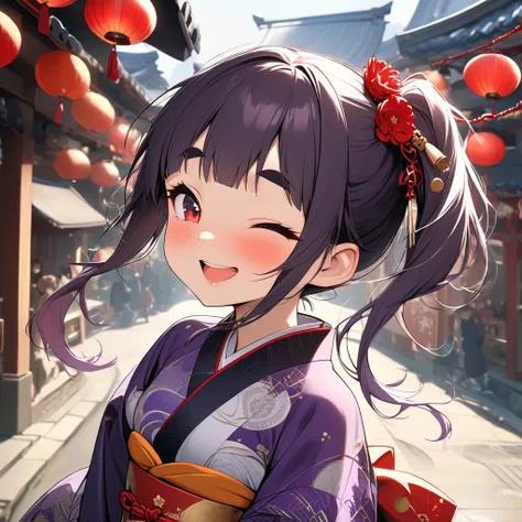 (master piece),(best quality),solo,from side.A radiant and lively scene at a shrine during the New Year,14yo loli,dark skin slim body,small breasts,multicolored dark Purple hair,little right side ponytail ponytails,short hair with long locks,
for head,red ...