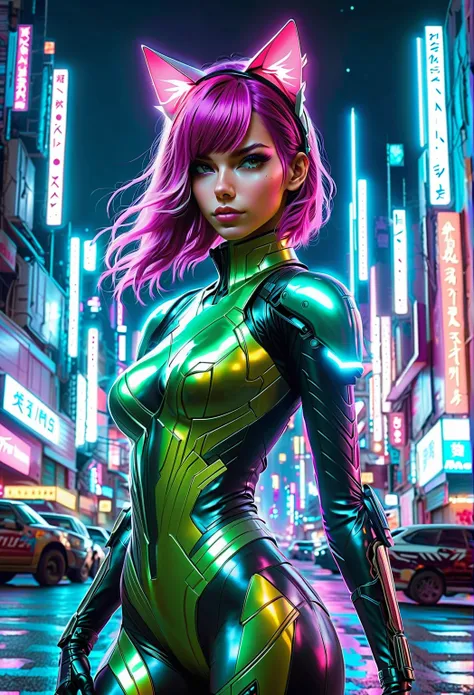 A girl with cat ears in a futuristic cyberpunk city, wearing neon armor, holding a glowing katana. Flying robotic cats in the background. best quality,ultra-detailed,realistic:1.37,moonlit,night scene,glowing stars,soft moonlight,subtle shadows,dimly lit f...