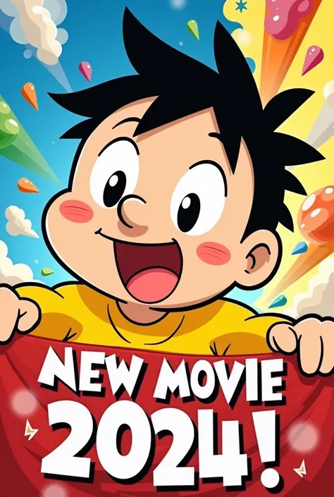 Bright, colorful, and high-quality image. Add Shin-chan’s face with bold text like: "New Movie 2024!"
