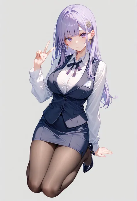 an anime girl in white shirt and office girl skirt with heels giving peace sign, 1girl, solo, pantyhose, breasts, purple eyes, long hair, high heels, shirt, looking at viewer, large breasts, bangs, purple hair, white shirt, v, long sleeves, collared shirt,...