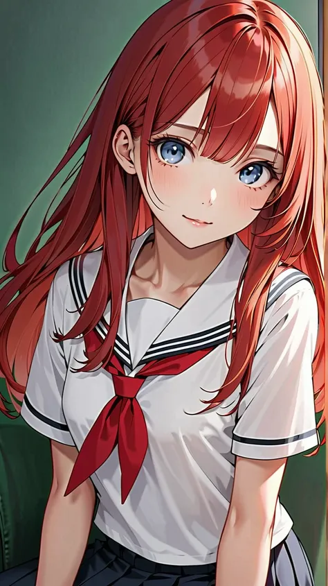 A 17-year-old girl wearing a classic sailor uniform(1.3), beautiful face(1.5), detailed face(1.4), sharp facial features(1.3), half-up crown hairstyle(1.2), shiny hair, medium-length tousled soft vermilion red hair with a slight wave(1.3), consisting of a ...