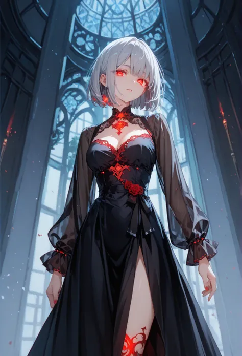 creating an atmosphere of mystery. Her posture showcases confidence and elegance. moe-style artwork,1girl, Alone,silver hair, red glowing eyes, bob cut,sharp facial features,,porcelain skin,breasts,1girl, solo, dress,long boots,